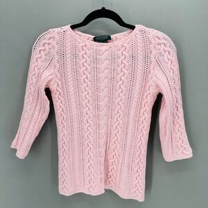 Lauren Ralph Lauren LRL Pink Cable Knit Sweater Petite Small Barbie Old Money